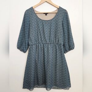 Espresso Blue Geometric Print Puff Sleeve Fit & Flare Mini Dress L